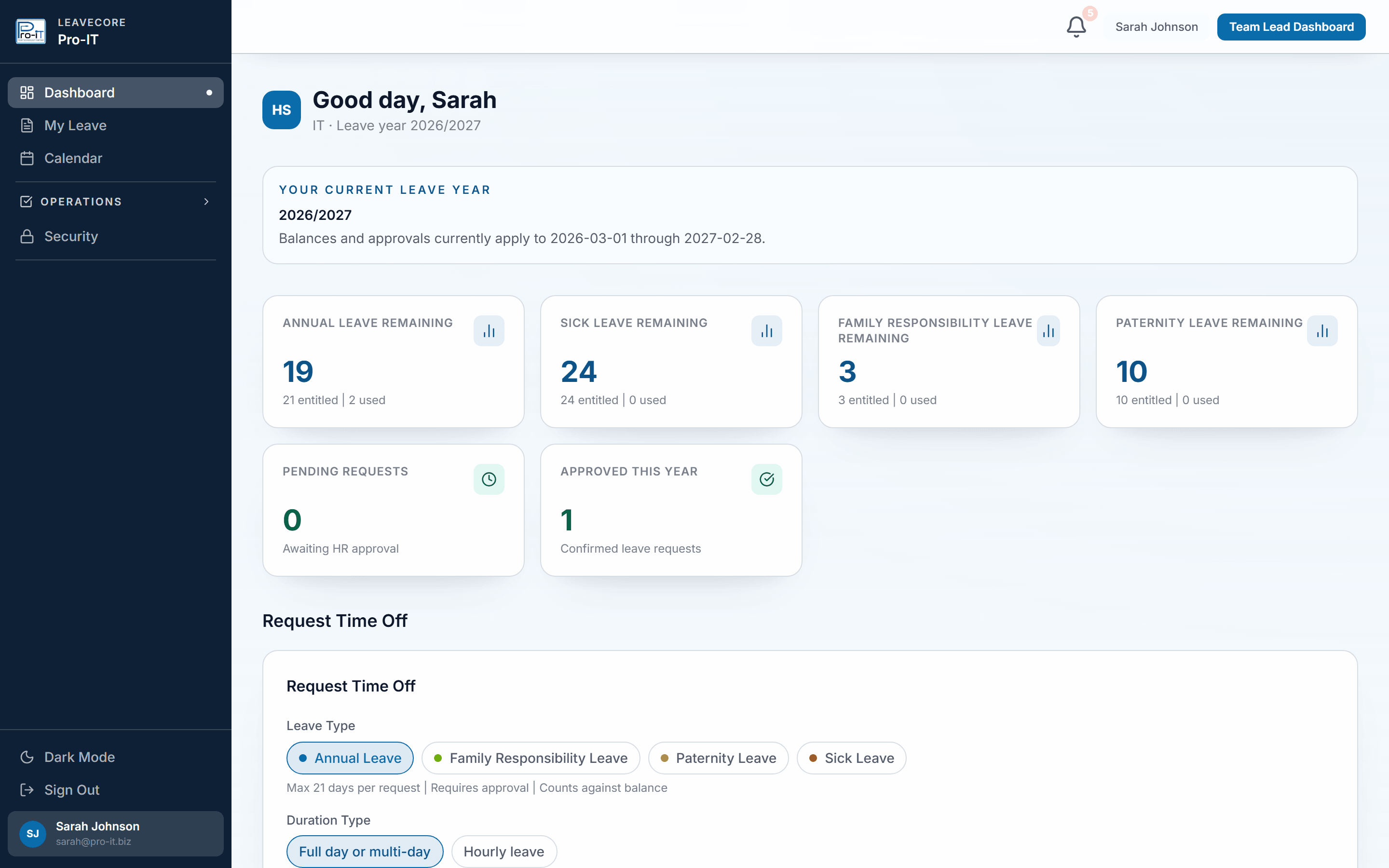 LeaveCore employee dashboard — South African leave management for modern teams